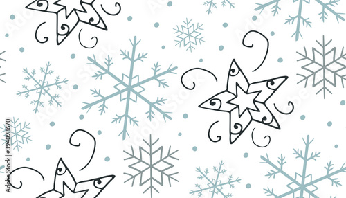 Snowflake seamless pattern. White firs and other trees, snowflakes on blue background. Christmas winter illustration