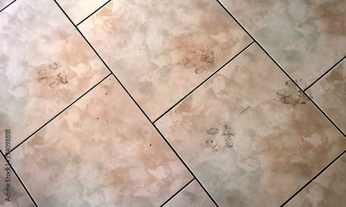 Colorful kitchen tiles and dirty dog paw prints. Home related concept for animal lovers. Abstract tile design, textured surface.