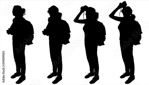 Girl with a large backpack on back. Tourist with binocular. Woman looks through binoculars. Hiking. Ornithologist. Side view, profile. Four black female silhouettes are isolated on a white background.