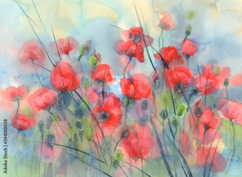 Sunny and red poppy field watercolor background - obrazy, fototapety, plakaty 