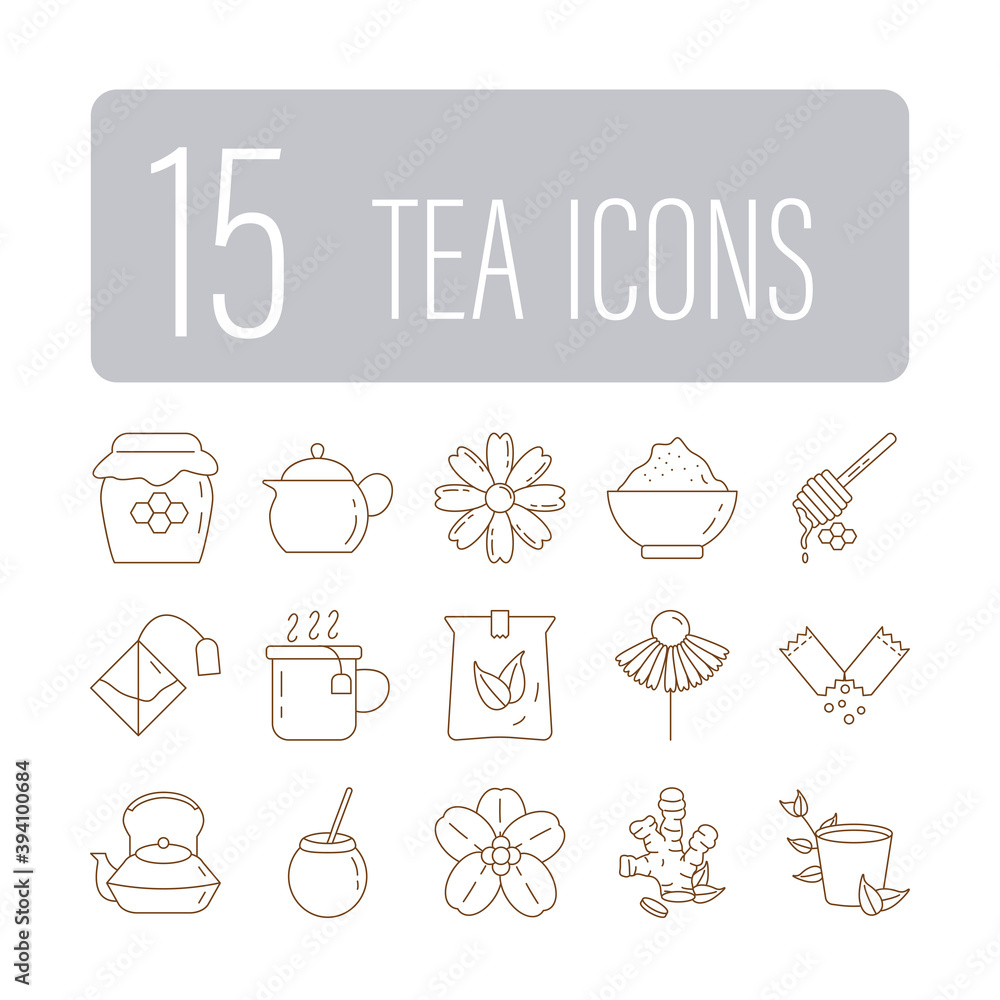 bundle of fifteen tea set line style icons