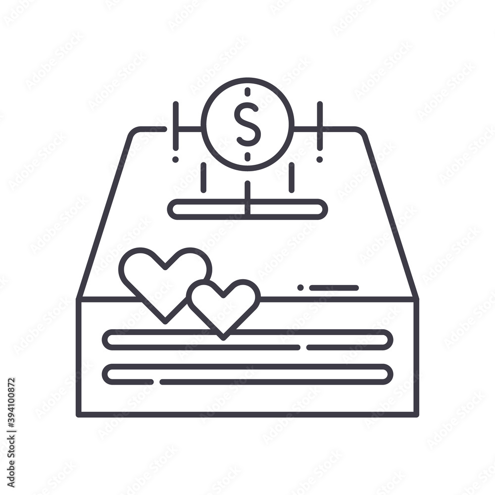 Donation icon, linear isolated illustration, thin line vector, web design sign, outline concept symbol with editable stroke on white background. Donation icon, linear isolated illustration, thin line vector, web design sign, outline concept symbol with editable stroke on white background.