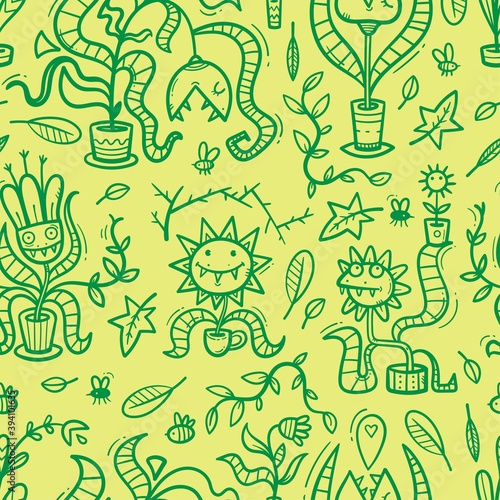Fototapeta Naklejka Na Ścianę i Meble -  Seamless pattern  with Venus flytraps on green background. Monsters plants print. Comic drawing of  predatory flowers. Vector doodle wallpaper.