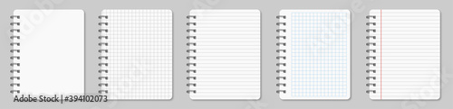 Collection of various white papers notebook for your text. Blank pages of a diary notebook with margins isolated on gray background.
