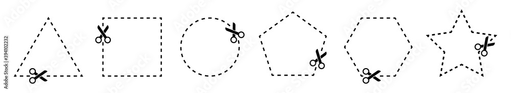 Empty templates with cut dotted lines and scissors. Scissors with cut lines mockup isolated on white background. Vector illustration. Empty templates with cut dotted lines and scissors. Scissors with cut lines mockup isolated on white background. Vector illustration.