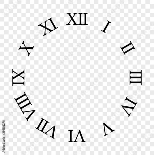 Set of roman numerals. Numbers in a circle from one to twelve. Clock with Roman numerals isolated on transparent background. Vector illustration.