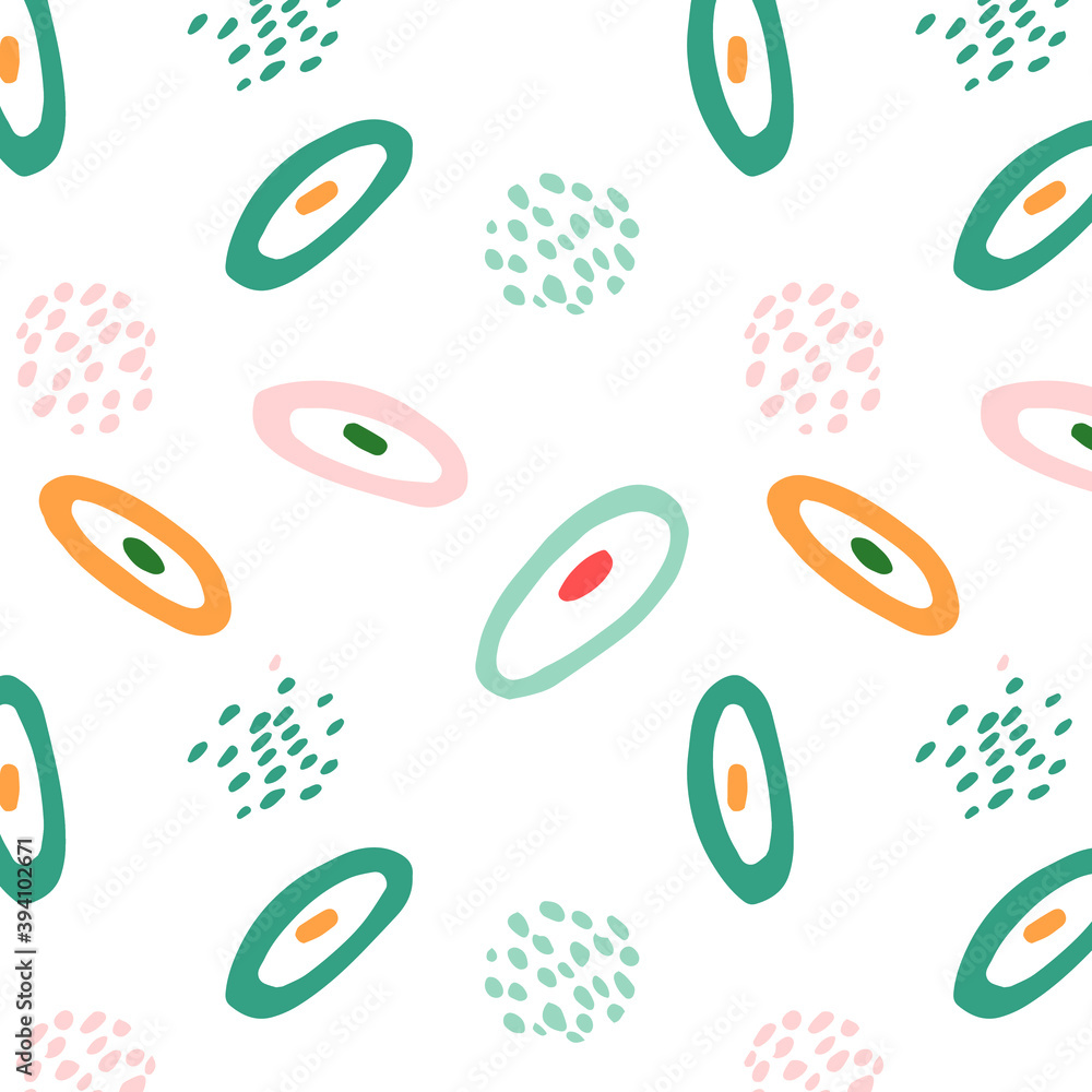 Abstract background with colored ovals and dots, Memphis art style, bright and colorful for pattern on textiles, paper and gift packaging Abstract background with colored ovals and dots, Memphis art style, bright and colorful for pattern on textiles, paper and gift packaging