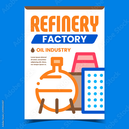 Refinery Factory Creative Promotion Banner Vector. Oil Industry Factory, Tank And Plant Building On Advertising Poster. Petroleum Production Concept Template Style Color Illustration