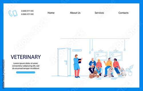 Veterinary clinic website banner mockup with pets owners and their animals in veterinary office, flat vector illustration. Template of landing page for vet clinic site.