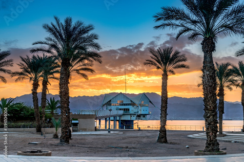 Nocturnal view on the central public beach of Eilat - famous tourist resort a...