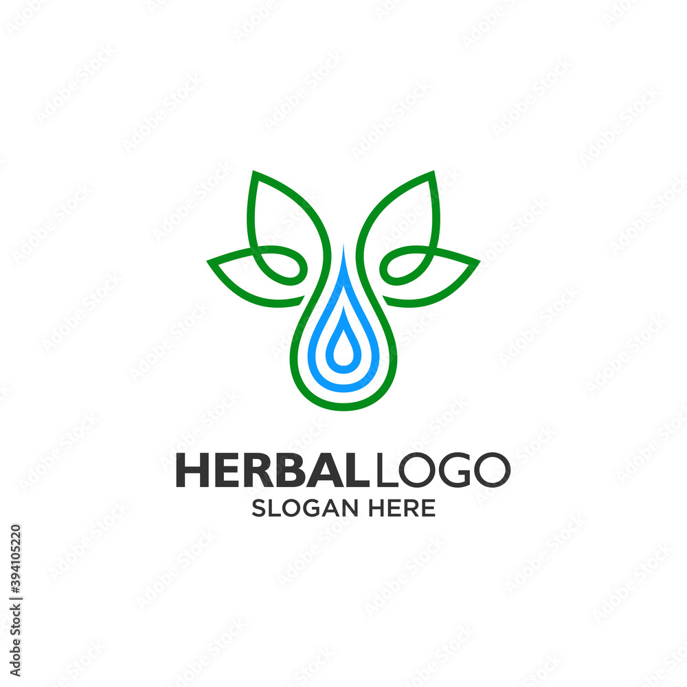 leaf and water with line art logo design