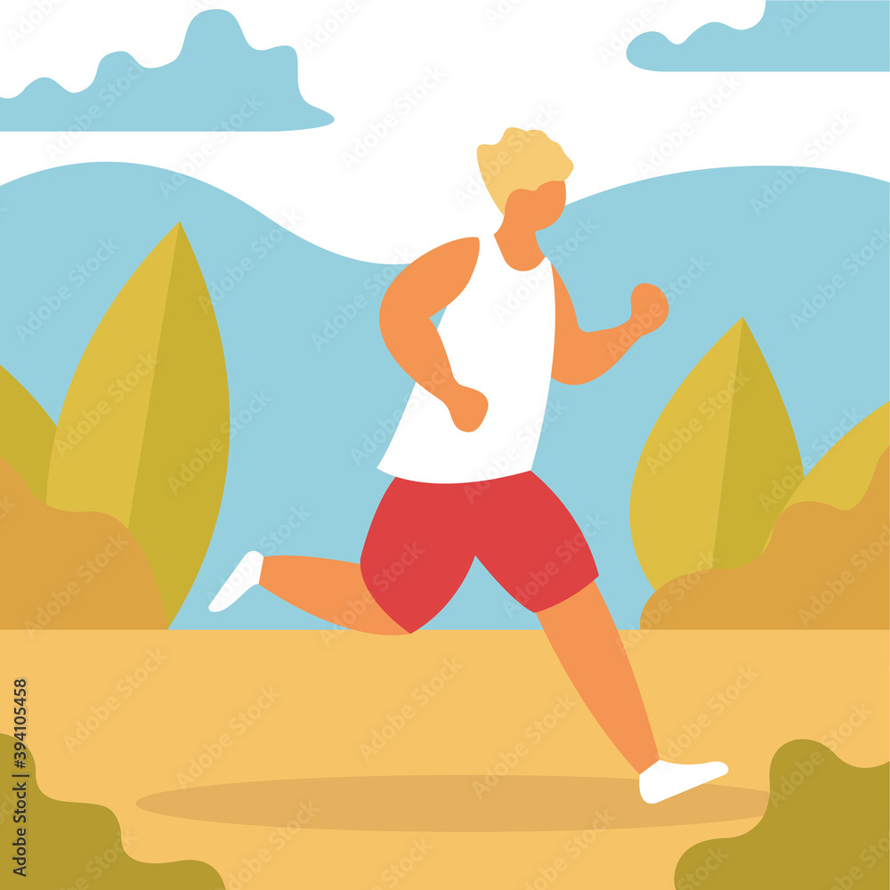 Man jogging. Active and healthy lifestyle, outdoor activity. Athlete on marathon. Isolated flat vector illustration