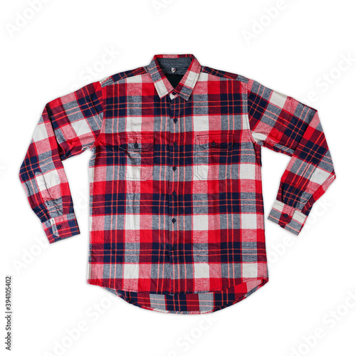 Checkered Flannel Shirt. men's gingham long sleeve shirt, front view shirt. New red plaid cotton shirt with blank label isolated on white background. 