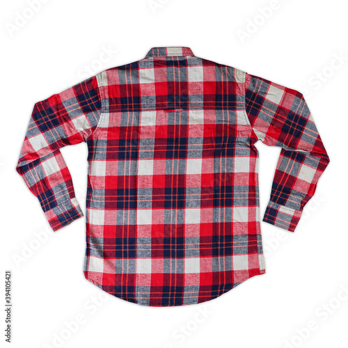 Checkered Flannel Shirt. men's gingham long sleeve shirt, front view shirt. New red plaid cotton shirt with blank label isolated on white background. 