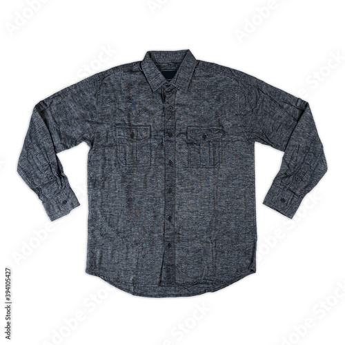 Formal shirt with button down collar. long sleeve shirt, front view shirt. Grey cotton shirt with blank label isolated on white background.