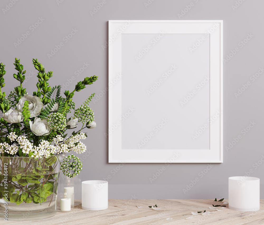 Mockup poster frame close up on light gray wall with white flowers and candles. 3D render - obrazy, fototapety, plakaty 