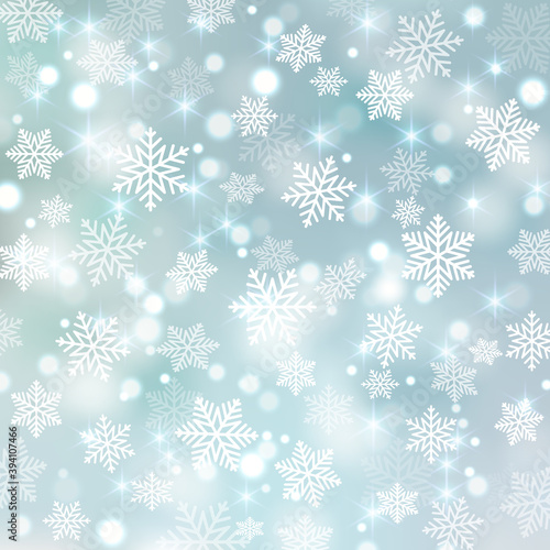 Christmas snowflake and blur bokeh light on soft gradient blue green background vector illustration