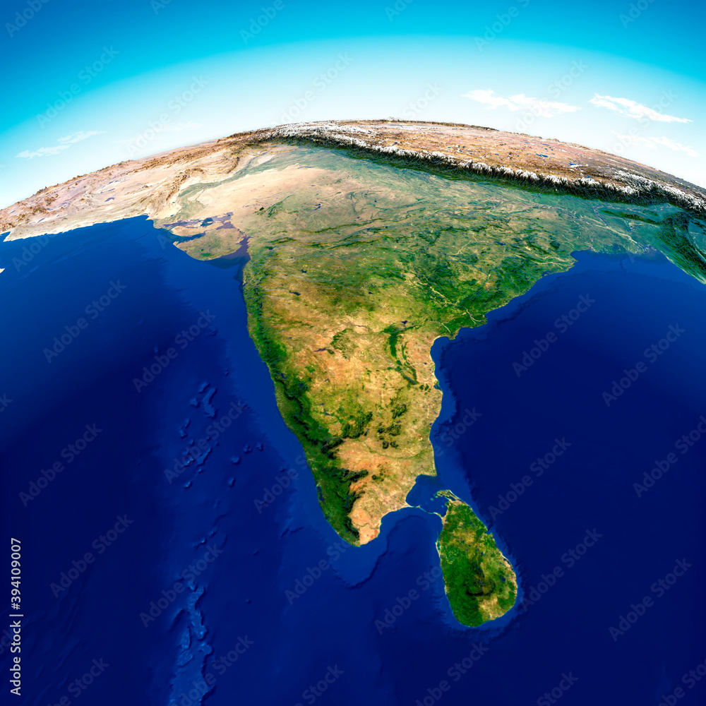 Globe map of Asia, satellite view, geographical map, physics. Cartography, relief atlas. 3d render. India, Sri Lanka, Pakistan, Nepal and Himalaya mountains.  Element of this images are furnished by N