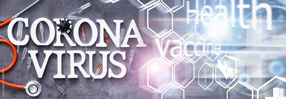 Double exposure. Medical background. Coronavirus wooden letters. Background of the deadliest pandemic virus in the world. Vaccine for the virus. Double exposure. Medical background. Coronavirus wooden letters. Background of the deadliest pandemic virus in the world. Vaccine for the virus.