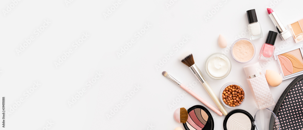 Beauty background with facial cosmetic products. Makeup, skin care concept. - obrazy, fototapety, plakaty 