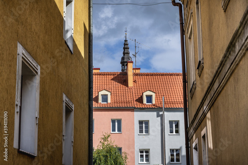 Fototapeta Naklejka Na Ścianę i Meble -  Residential buildings in historic part of Morag, small town in Warmia-Mazury region of Poland