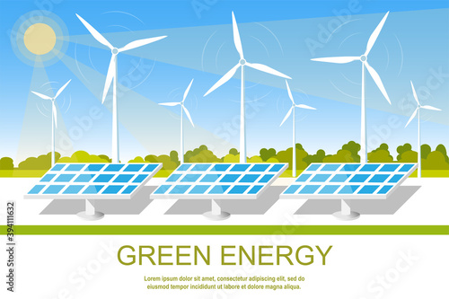 Landscape with solar panels and wind turbines. Renewable, clean, green energy concept banner design. Flat style vector illustration. Place for text