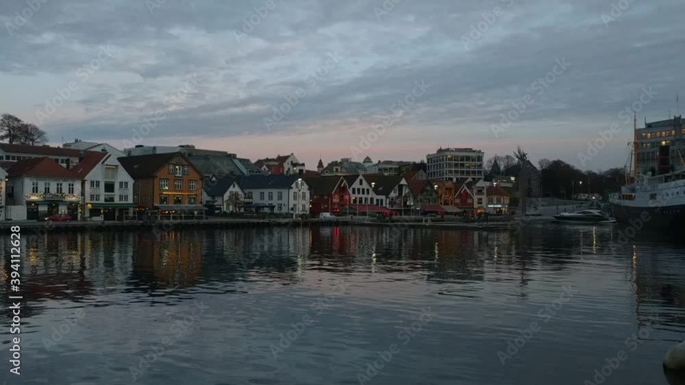 Stavanger, Norway - November 05, 2019: view on the city streets near cruise ship bay at autumn Stavanger, Norway - November 05, 2019: view on the city streets near cruise ship bay at autumn