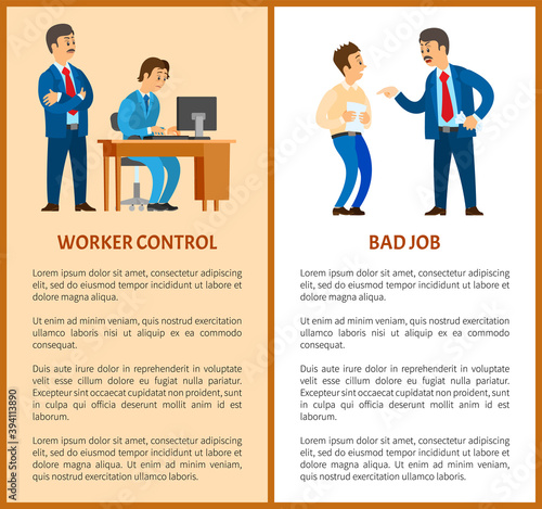 Worker control and bad job, strict boss duties. Manager watching secretary work, wrong composed documents, rebuke in office vector illustrations.