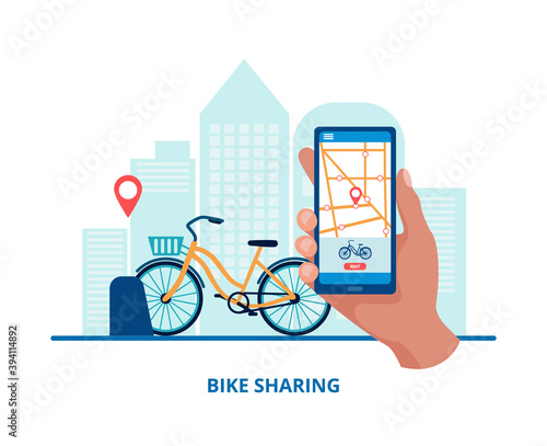Hand holds smartphone with bike sharing app. Online bicycle rent service app. City public bike sharing system on a mobile device. Bicycle on rental spot. Flat vector illustration .