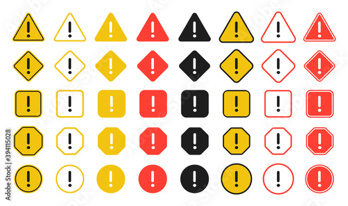 Big set of warning vector sign with an exclamation mark inside. Hazard, attention symbols. Vector illustration eps10.