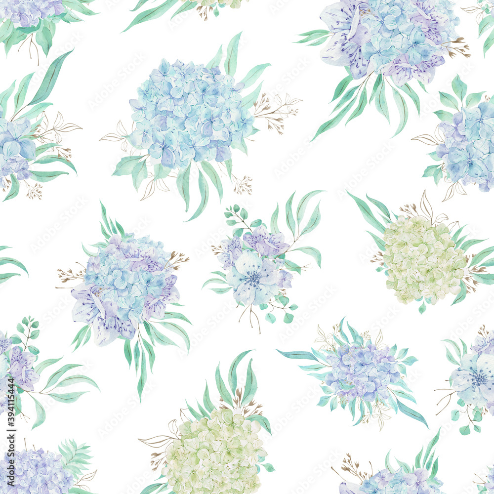 Seamless pattern with watercolor clip art. Bouquet of hydrangea. Wedding design on white background