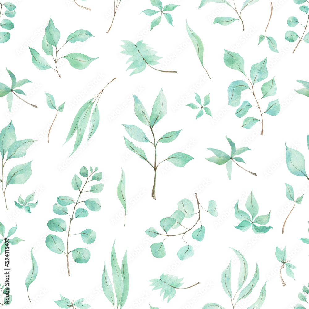Seamless pattern with leaves of eucalyptus. Hand drawn leaves of tropical plants. Watercolor eucalyptus Seamless pattern with leaves of eucalyptus. Hand drawn leaves of tropical plants. Watercolor eucalyptus