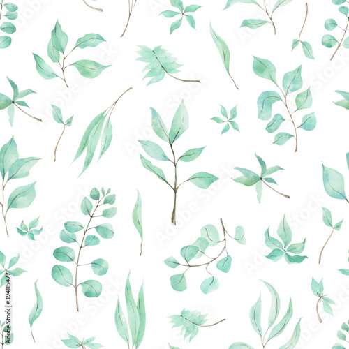 Seamless pattern with leaves of eucalyptus. Hand drawn leaves of tropical plants. Watercolor eucalyptus