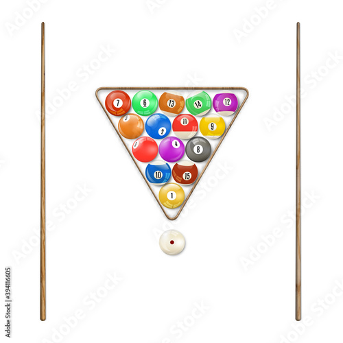Set of glossy balls for snooker with cue, vector illustration.
