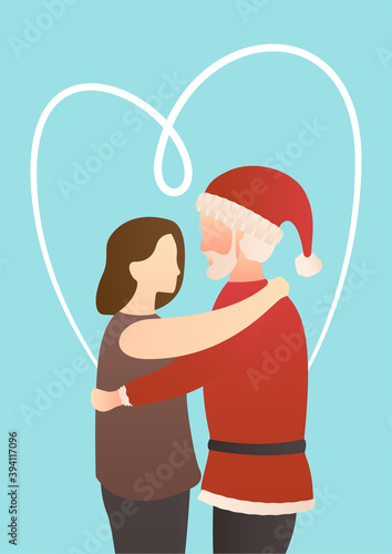 christmas greetings card template with santa hug a women. christmas festive texture greetings card background. winter holiday background.