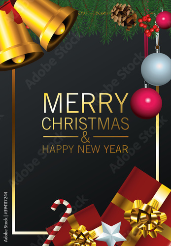 happy merry christmas lettering card with golden bells and gifts presents