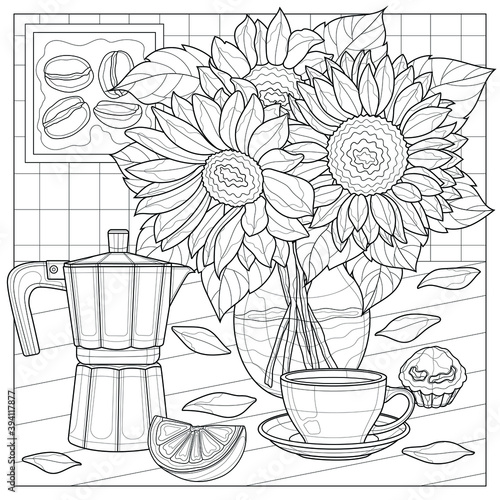 Bouquet of sunflowers with a coffee maker and a cup of coffee.Coloring book antistress for children and adults.Zen-tangle style.Black and white drawing
