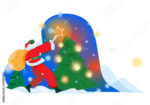 Babbo natale che mette una stella sull'albero di natale