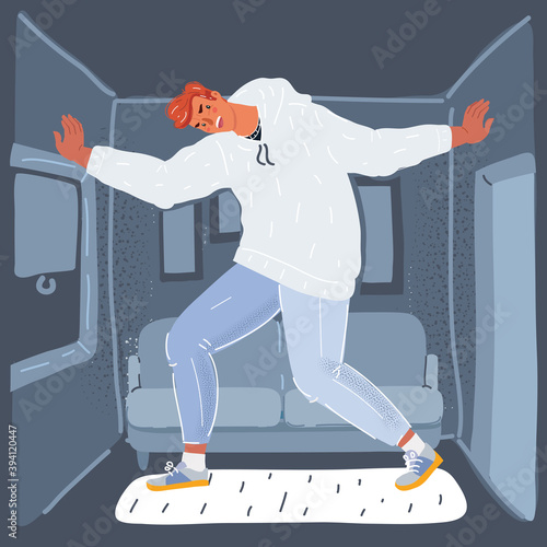 Vector illustration of man has too small room for living.