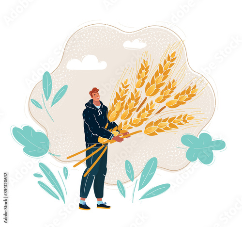 Vector illustration of man hold golden wheat ear
