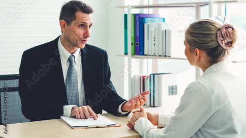 Quadro em tela Job seeker in job interview meeting with manager and interviewer at corporate office