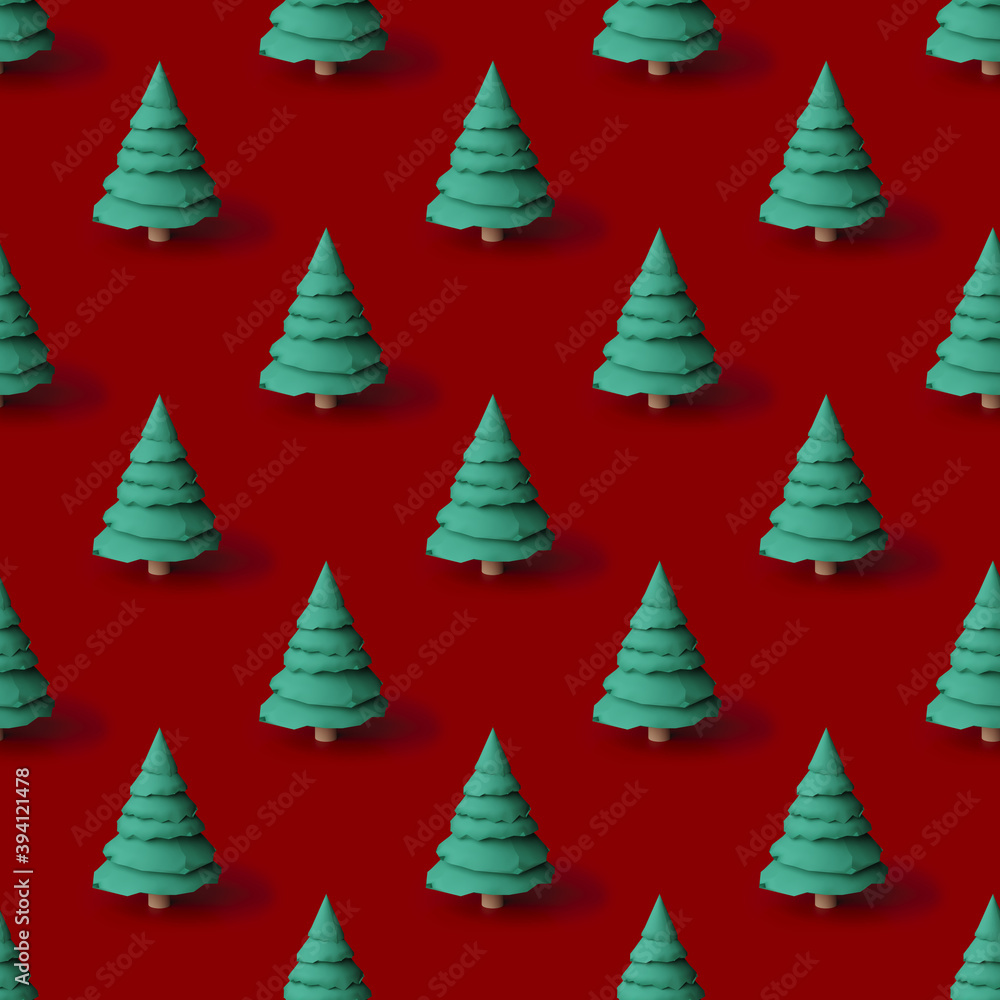 Obraz premium Pattern from Christmas trees on red background. New Year concept.. 3d Illustration