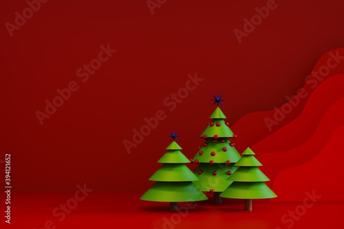 3d Render. Christmas trees surrounded by gift boxes, crystal balls, on a red background.