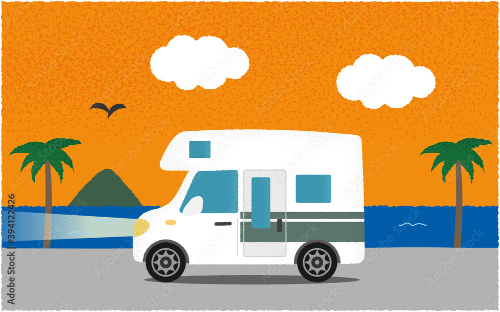 Vetor Do Stock 夕方 ライトを点けて海沿いの道を進む白いキャンピングカーのベクターイラスト Adobe Stock