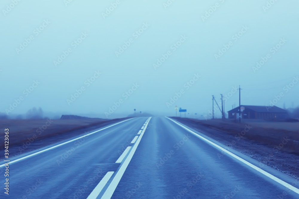 road in fog concept, mist in october halloween landscape, highway road in fog concept, mist in october halloween landscape, highway