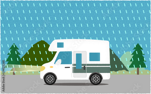 豪雨の中、ライトを点けて山沿いの道を進む白いキャンピングカーのベクターイラスト