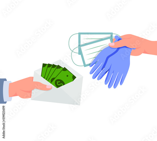 Money in an envelope, pay for medical masks and gloves. Concept: illegal transaction, selling personal protective equipment at a high price, abuse of power during the period of coronavirus infection.