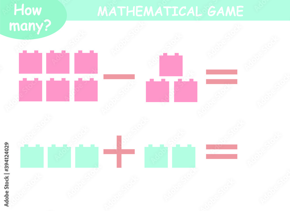 mathematical examples of addition and subtraction. educational page for children. colored blocks mathematical examples of addition and subtraction. educational page for children. colored blocks