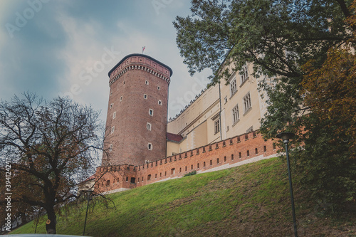 The wall of the royal castle in Krakow. Wawel castle in Krakow, Poland