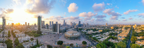 Tel Aviv skyline with Sunset light over the city business district, Aerial image. 